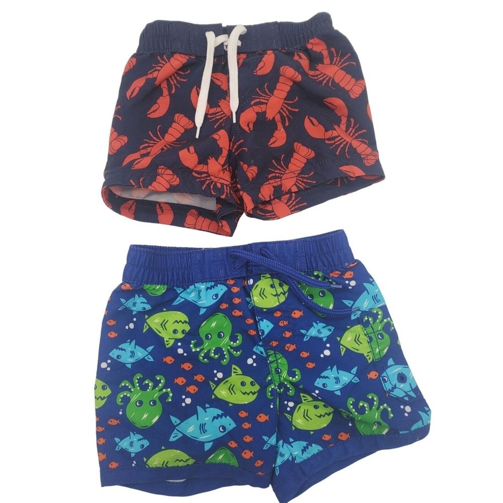 Old Navy Infant Boys Swim Trunks 0-3 Months Unlined Shark Crab Print Lot Of‎ 2